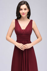 Modest Burgundy V-Neck Sleeveless Long Bridesmaid Dresses Affordable-Babyonlines