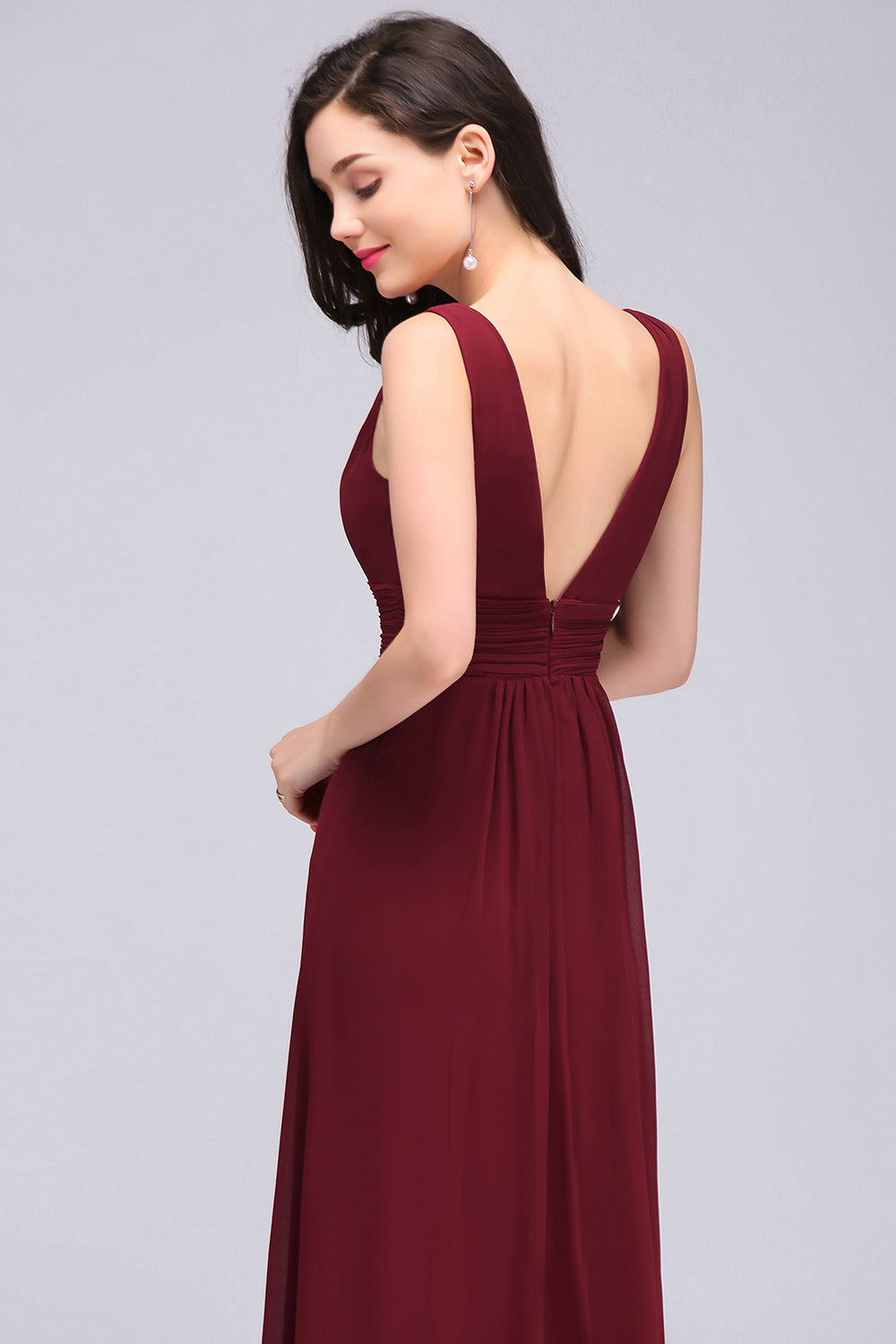 Modest Burgundy V-Neck Sleeveless Long Bridesmaid Dresses Affordable-Babyonlines