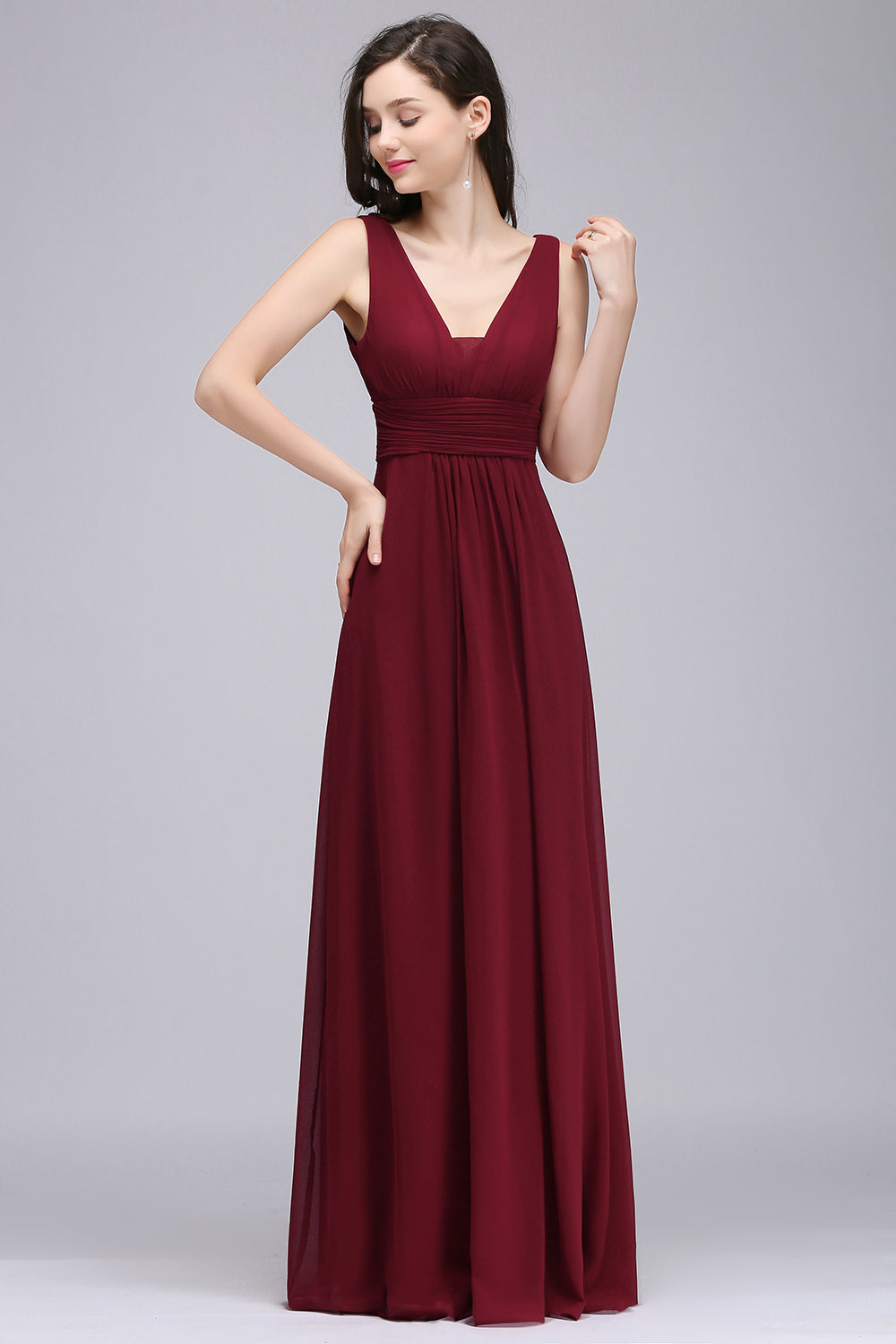 Modest Burgundy V-Neck Sleeveless Long Bridesmaid Dresses Affordable-Babyonlines