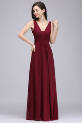 Modest Burgundy V-Neck Sleeveless Long Bridesmaid Dresses Affordable-Babyonlines