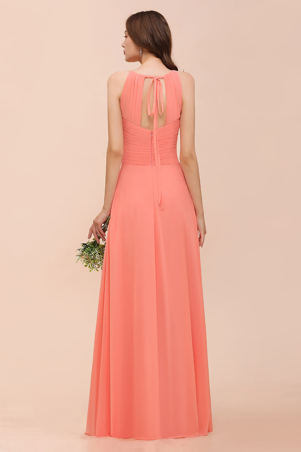 Modest Halter Ruffle Coral Chiffon Affordable Bridesmaid Dress Online-Babyonlines