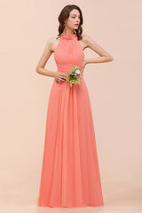 Modest Halter Ruffle Coral Chiffon Affordable Bridesmaid Dress Online-Babyonlines