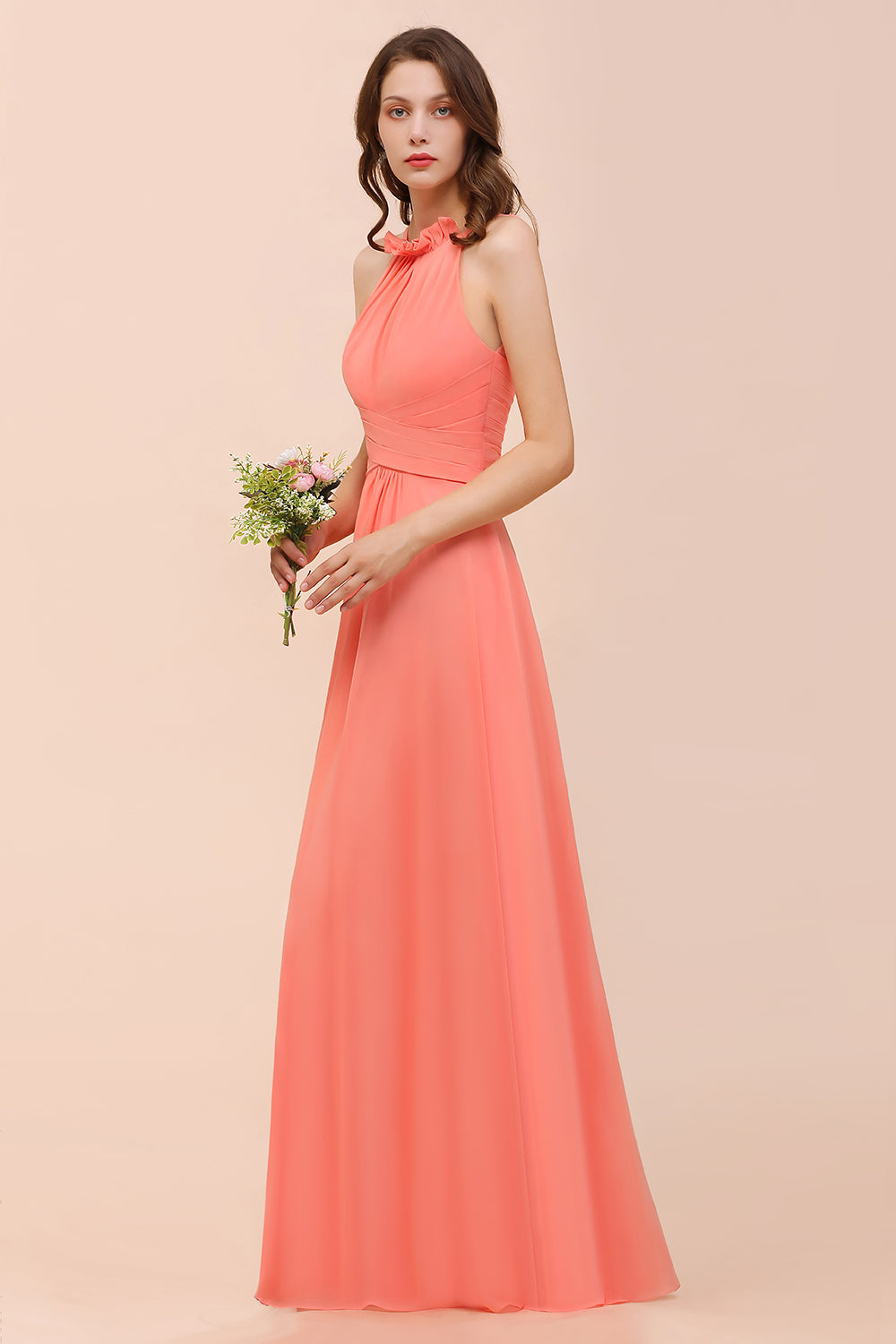 Modest Halter Ruffle Coral Chiffon Affordable Bridesmaid Dress Online-Babyonlines