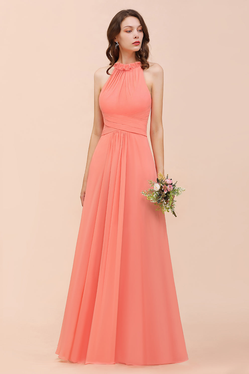 Modest Halter Ruffle Coral Chiffon Affordable Bridesmaid Dress Online-Babyonlines