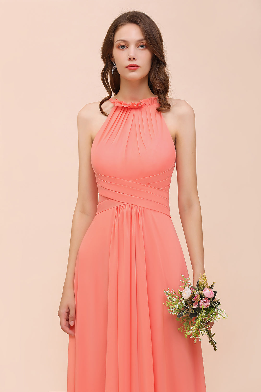 Modest Halter Ruffle Coral Chiffon Affordable Bridesmaid Dress Online-Babyonlines