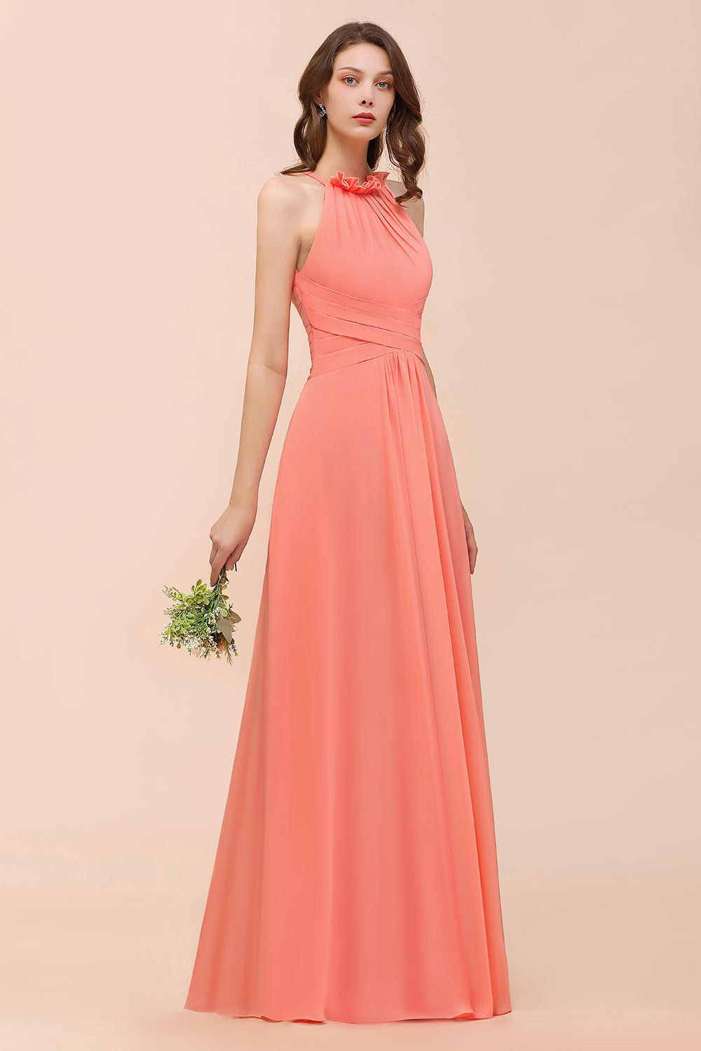 Modest Halter Ruffle Coral Chiffon Affordable Bridesmaid Dress Online-Babyonlines