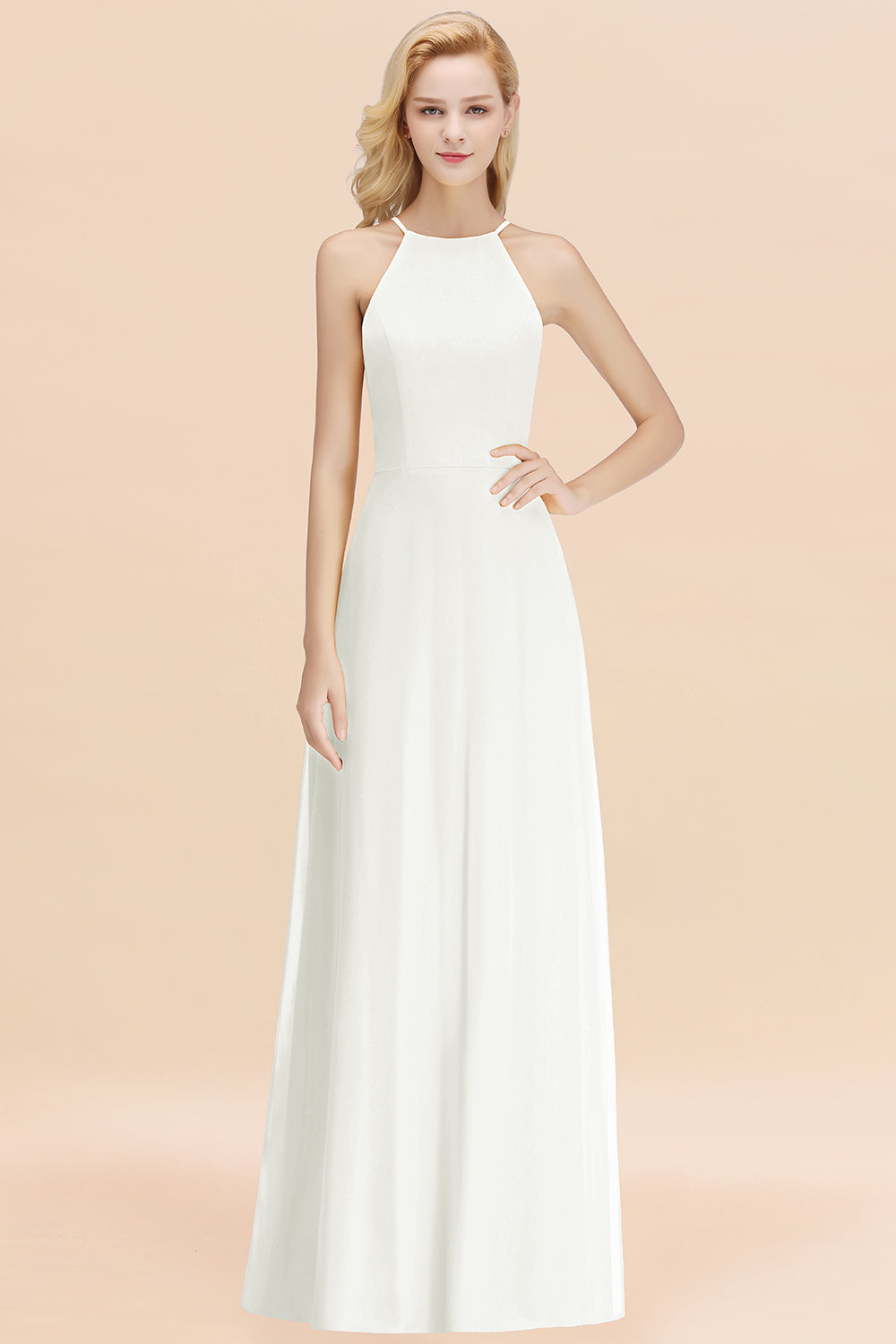 Modest High-Neck Yellow Chiffon Affordable Bridesmaid Dresses Online-Babyonlines