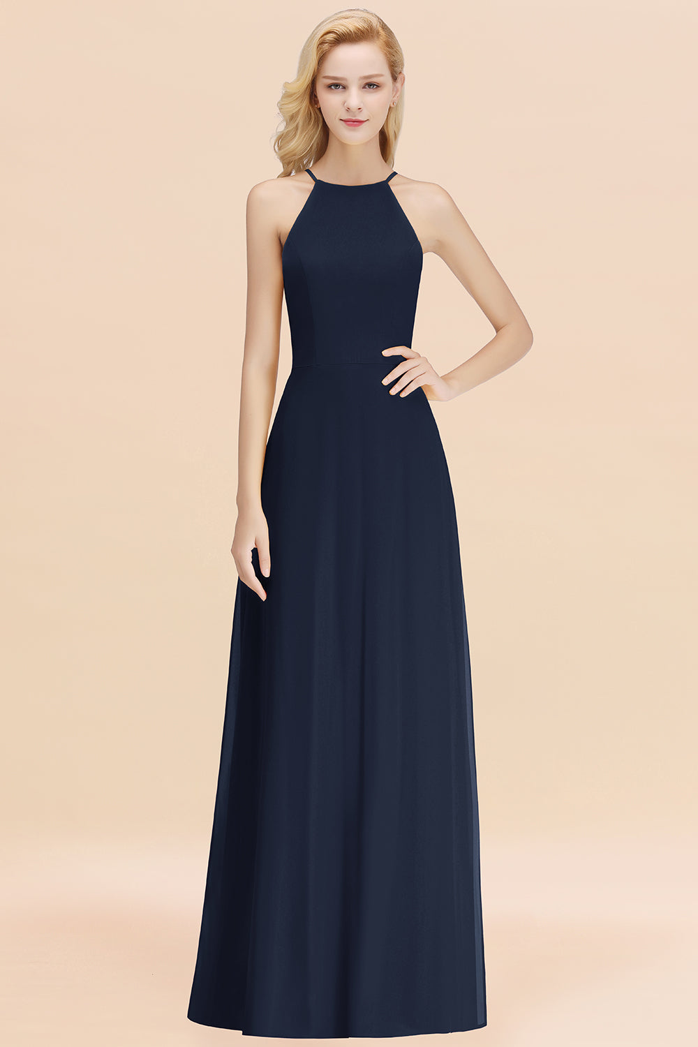 Modest High-Neck Yellow Chiffon Affordable Bridesmaid Dresses Online-Babyonlines