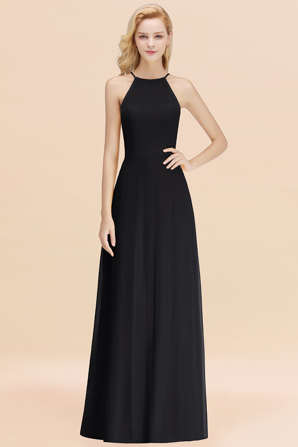 Modest High-Neck Yellow Chiffon Affordable Bridesmaid Dresses Online-Babyonlines