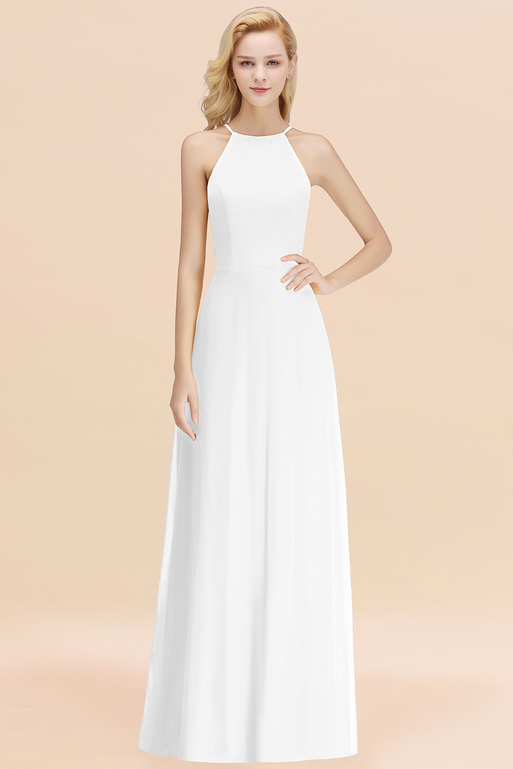 Modest High-Neck Yellow Chiffon Affordable Bridesmaid Dresses Online-Babyonlines