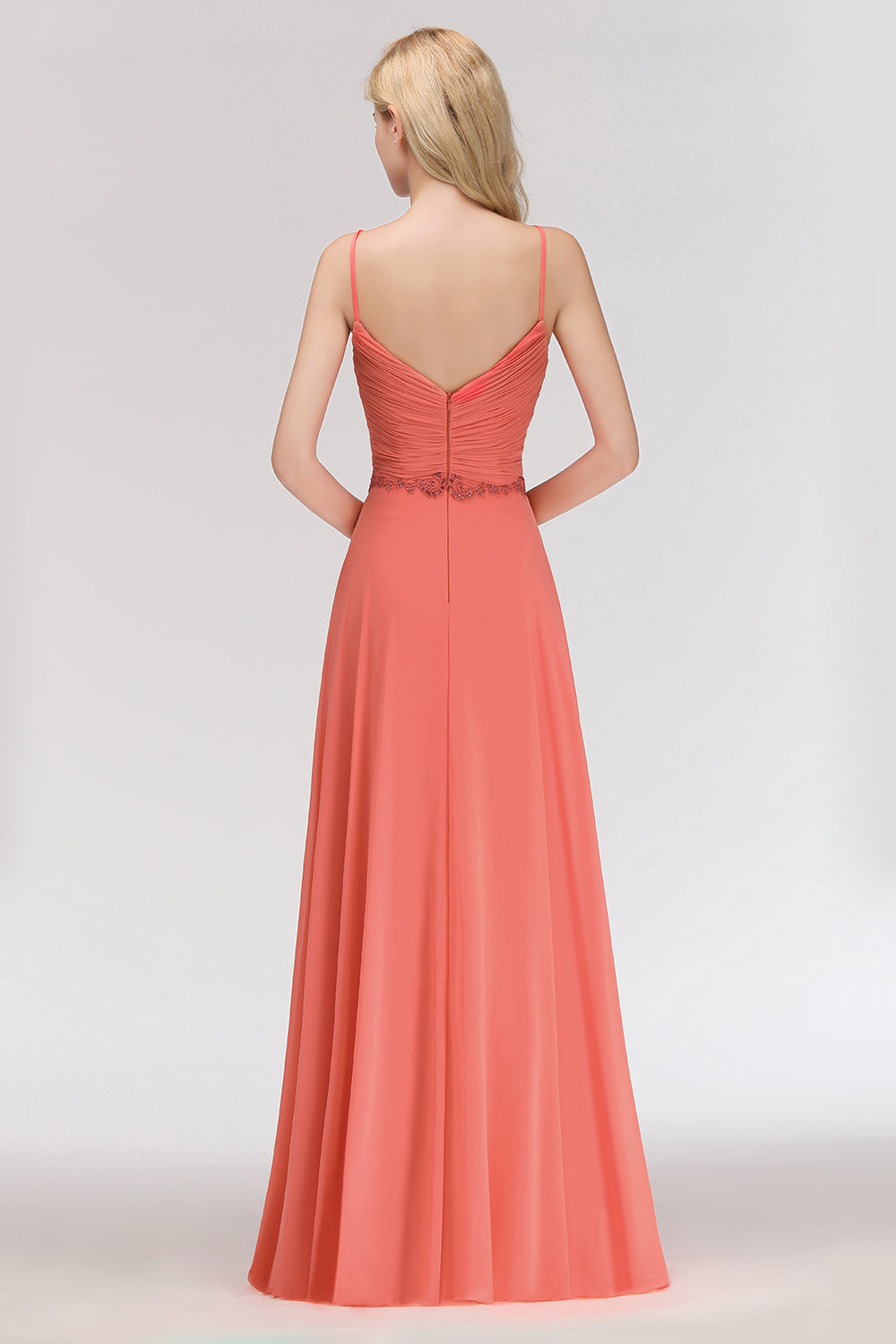 Modest Spaghetti-Straps Ruffle Affordable Bridesmaid Dress with Appliques-Babyonlines