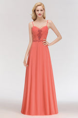 Modest Spaghetti-Straps Ruffle Affordable Bridesmaid Dress with Appliques-Babyonlines