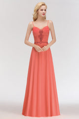 Modest Spaghetti-Straps Ruffle Affordable Bridesmaid Dress with Appliques-Babyonlines