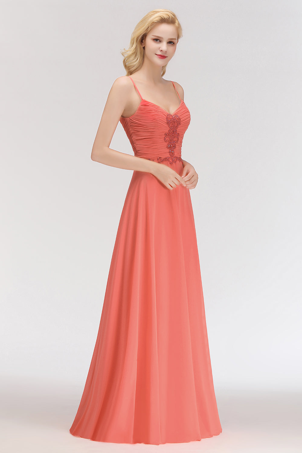 Modest Spaghetti-Straps Ruffle Affordable Bridesmaid Dress with Appliques-Babyonlines