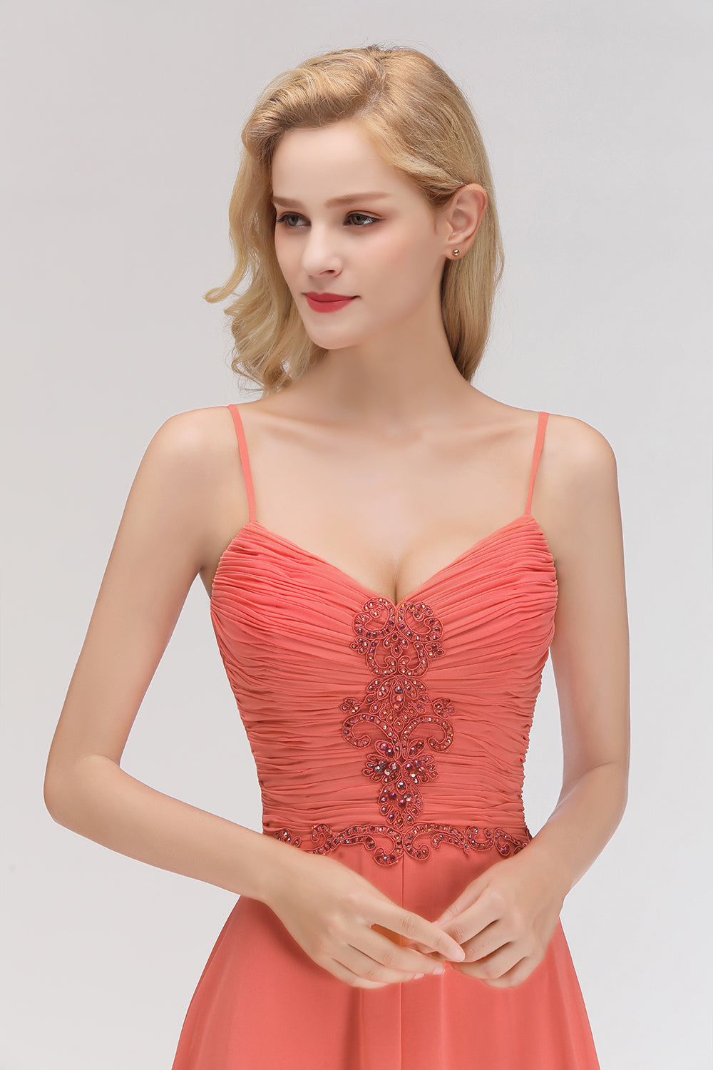Modest Spaghetti-Straps Ruffle Affordable Bridesmaid Dress with Appliques-Babyonlines