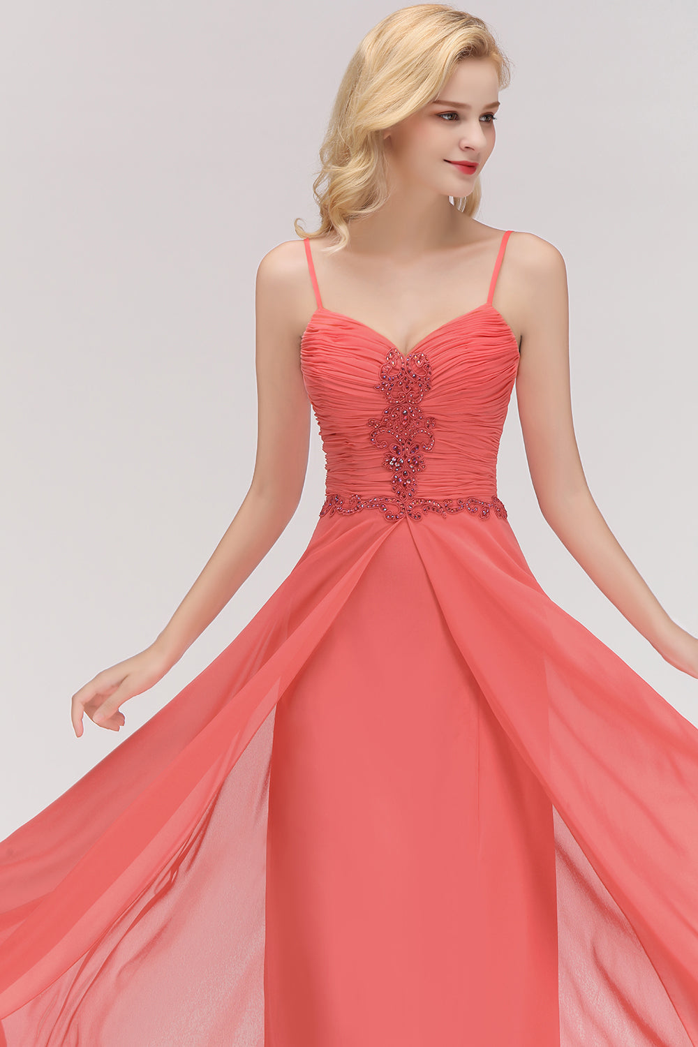 Modest Spaghetti-Straps Ruffle Affordable Bridesmaid Dress with Appliques-Babyonlines