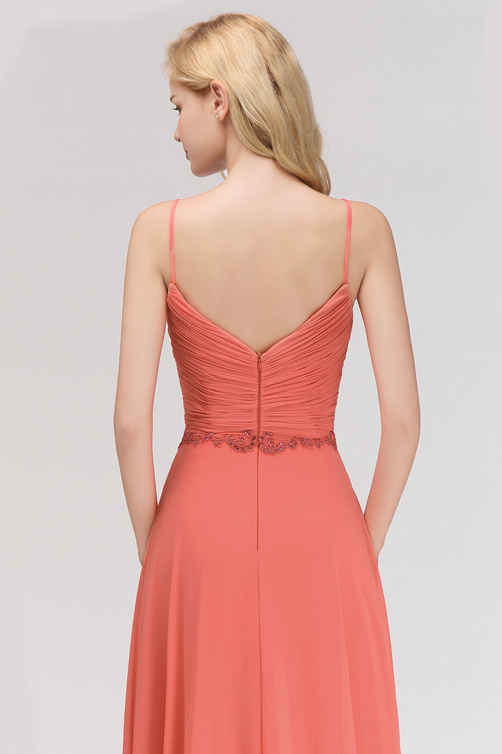 Modest Spaghetti-Straps Ruffle Affordable Bridesmaid Dress with Appliques-Babyonlines