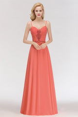Modest Spaghetti-Straps Ruffle Affordable Bridesmaid Dress with Appliques-Babyonlines