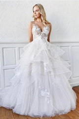 Modest Spaghetti Straps V-Neck A-line Wedding Dress With Lace