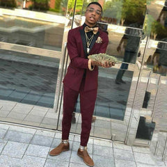 New Arrival Burgundy Party Prom Suit, Two Pieces for Men with Black Lapel