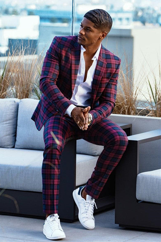 New Red and Black Casual Plaid Prom Suit for Boys