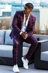 New Red and Black Casual Plaid Prom Suit for Boys