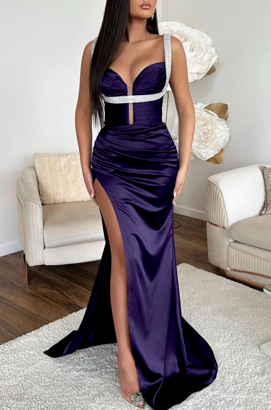 Ocean Blue Spaghetti Strap Mermaid Prom Dress with High Split