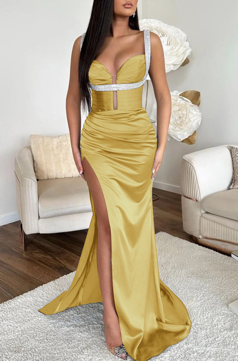 Ocean Blue Spaghetti Strap Mermaid Prom Dress with High Split