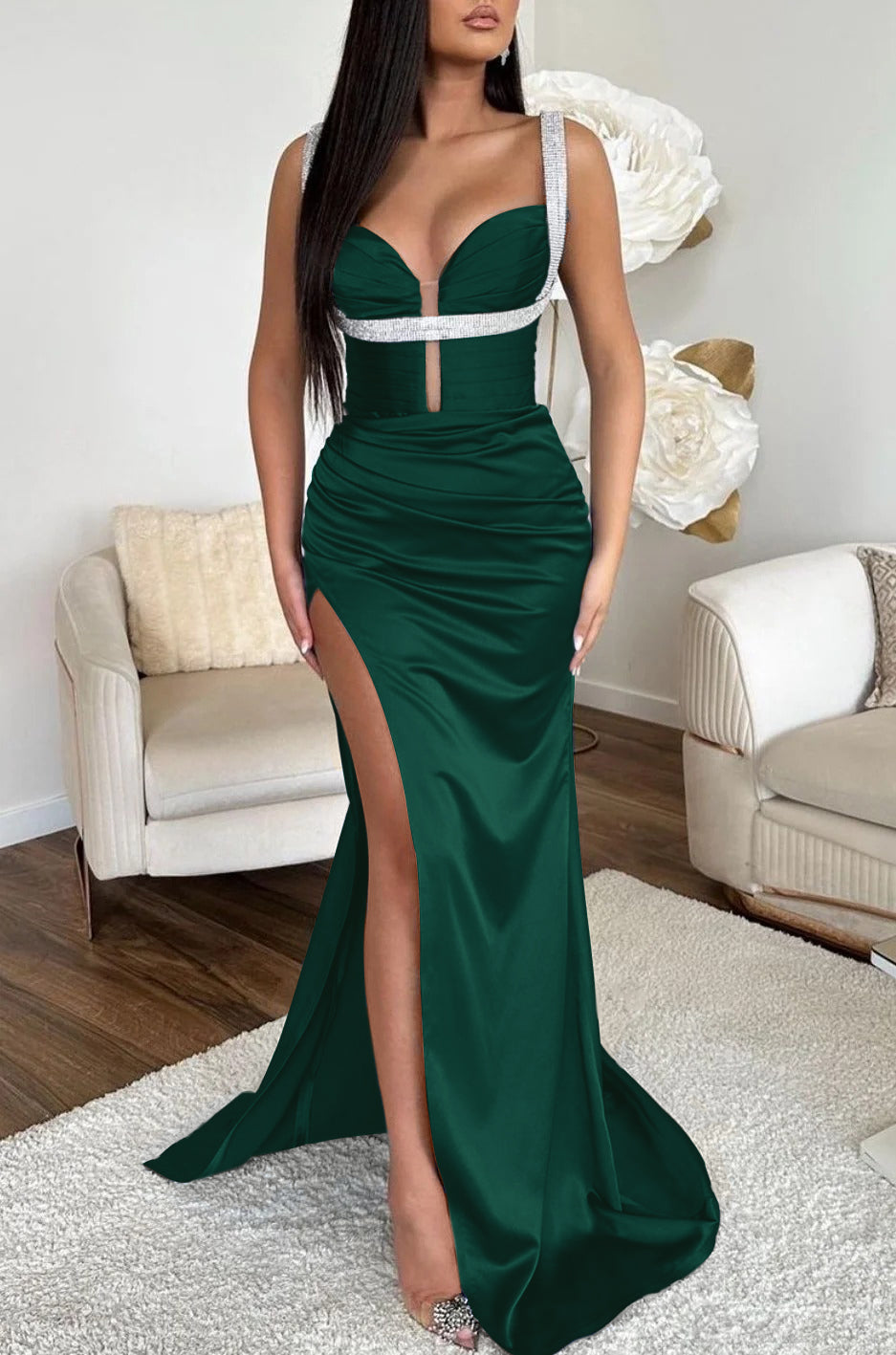 Ocean Blue Spaghetti Strap Mermaid Prom Dress with High Split