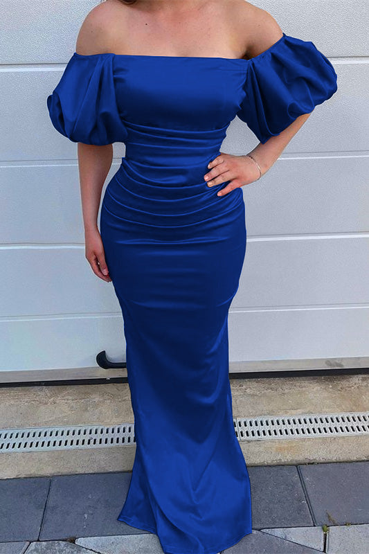 Ocean Blue Off the Shoulder Mermaid Prom Dress with Bubble Sleeves and Pleated
