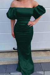 Ocean Blue Off the Shoulder Mermaid Prom Dress with Bubble Sleeves and Pleated