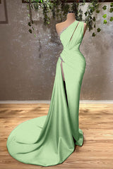 Ocean Blue One Shoulder Mermaid Evening Dress Long with Split