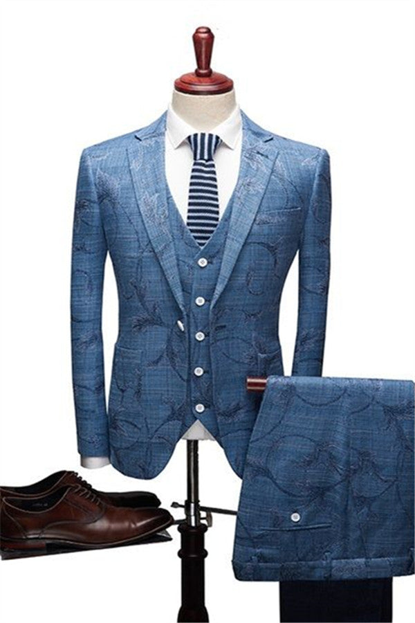 Ocean Blue Print Designer Wedding Suit - Notched Lapel for Men