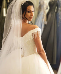 Off-the-shoulder Backless Wedding Dress With Beading Details Tassel Tulle