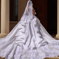 Off The Shoulder Ball Gown Wedding Dress With Pleated Tulle Ruffles
