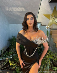 Off the Shoulder Black Mermaid Prom Dress with Beading Split