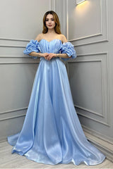 Off the Shoulder Bubble Sleeve Long Pleated Prom Dress
