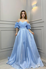 Off the Shoulder Bubble Sleeve Long Pleated Prom Dress