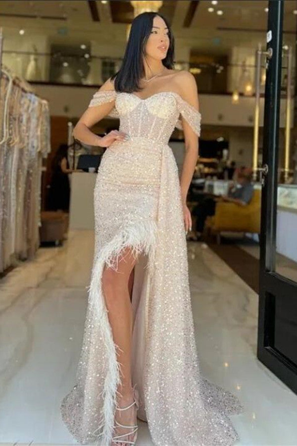 Charming Champagne Off the Shoulder Prom Dress with Sequins and Feather
