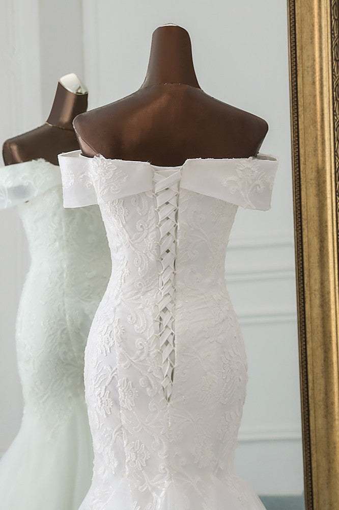 Off-the-Shoulder Long Mermaid Wedding Dress with Tulle and Lace