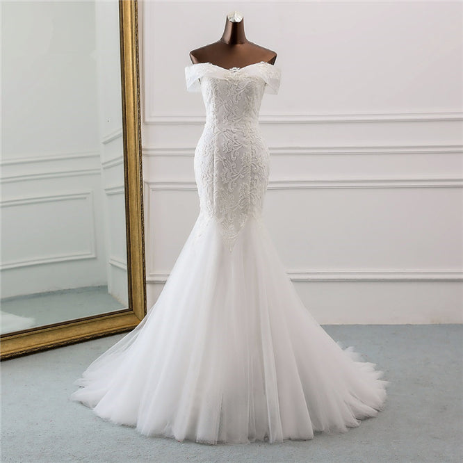 Off-the-Shoulder Long Mermaid Wedding Dress with Tulle and Lace