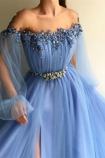 Off-the-Shoulder Long Sleeves Evening Dress with Beads