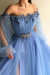 Off-the-Shoulder Long Sleeves Evening Dress with Beads