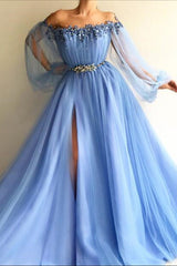 Off-the-Shoulder Long Sleeves Evening Dress with Beads