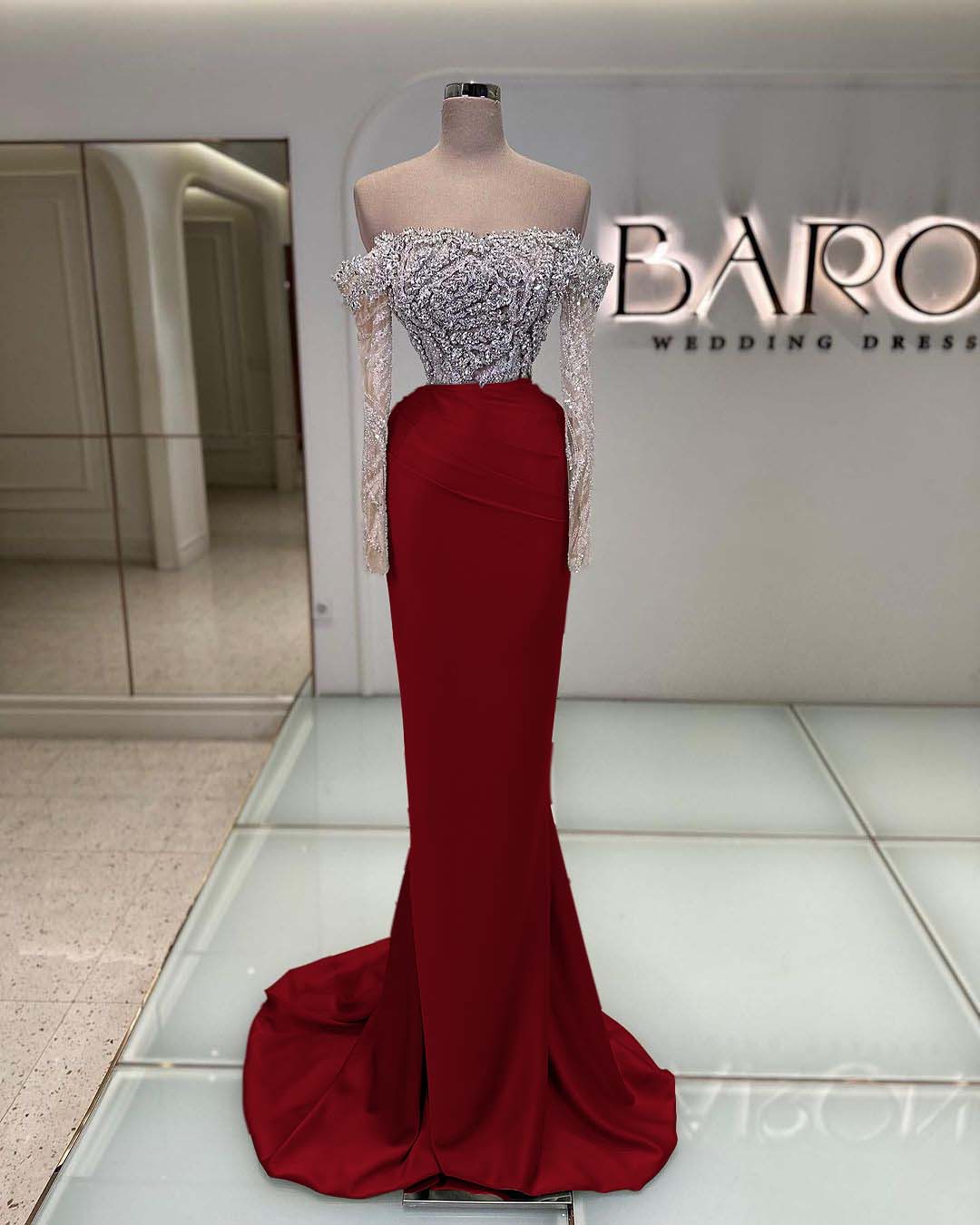 Off the Shoulder Long Sleeve Mermaid Long Prom Dress with Beading