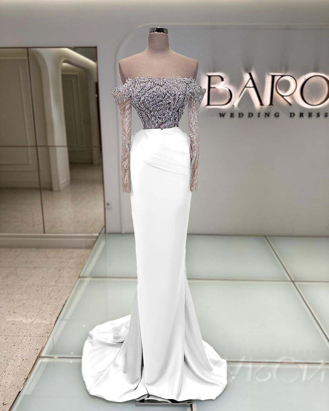 Off the Shoulder Long Sleeve Mermaid Long Prom Dress with Beading