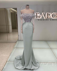 Off the Shoulder Long Sleeve Mermaid Long Prom Dress with Beading