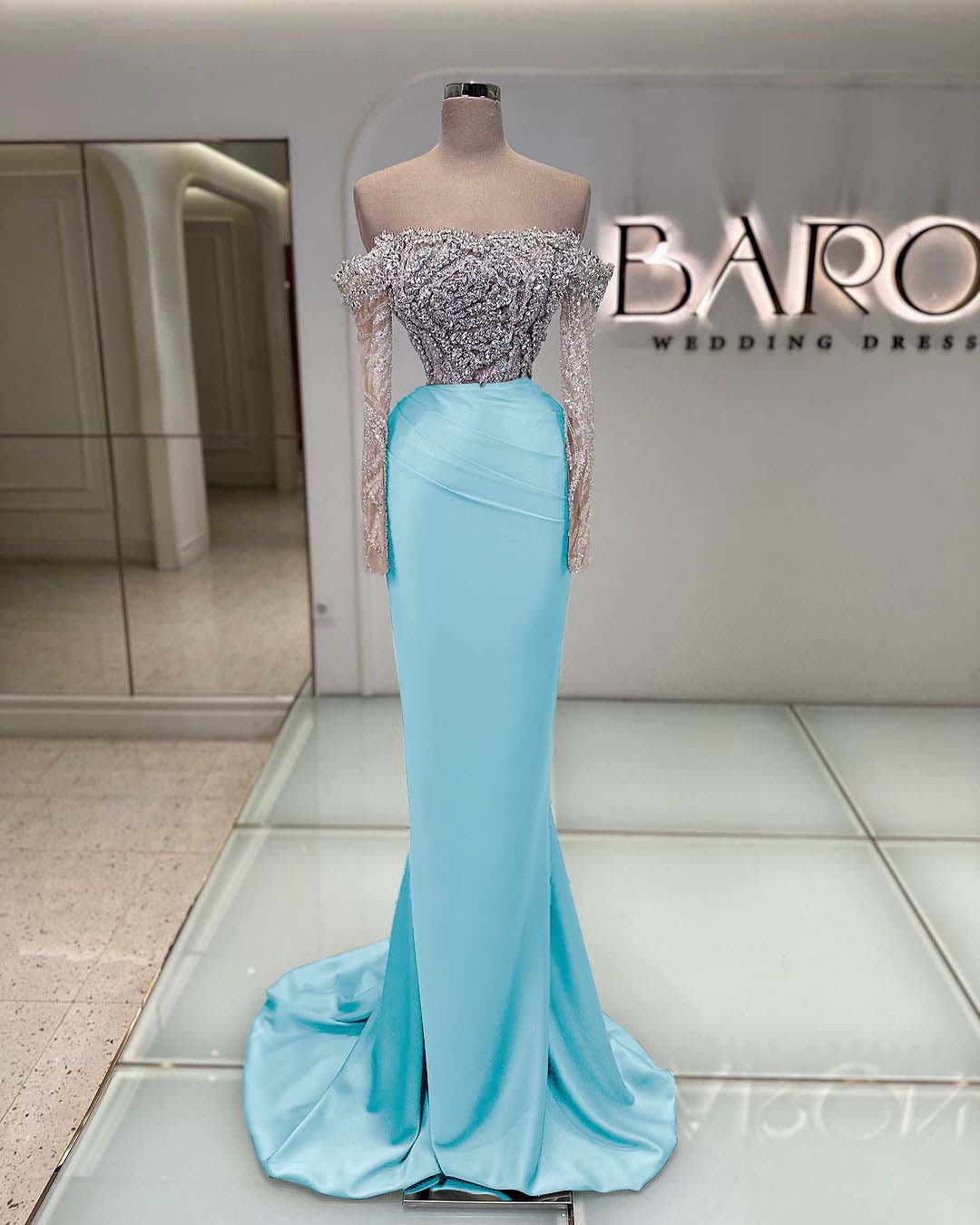 Off the Shoulder Long Sleeve Mermaid Long Prom Dress with Beading