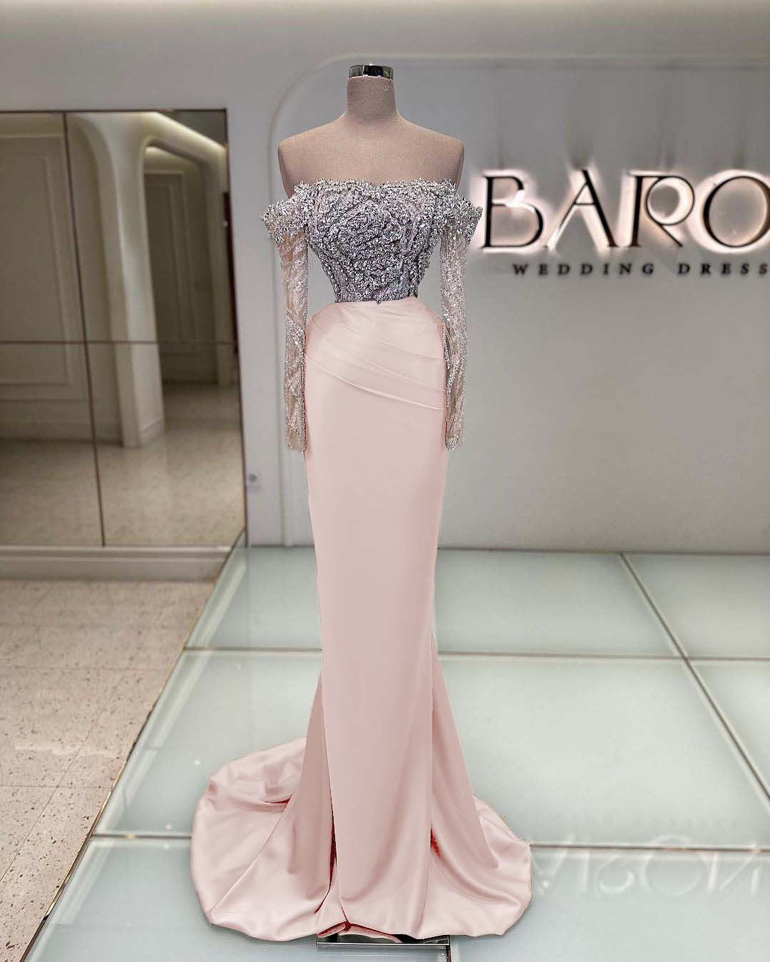Off the Shoulder Long Sleeve Mermaid Long Prom Dress with Beading