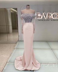 Off the Shoulder Long Sleeve Mermaid Long Prom Dress with Beading
